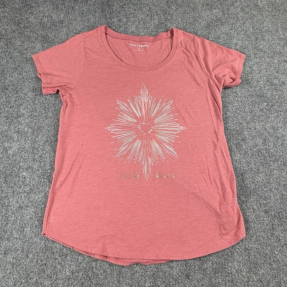 Lucky Brand T Shirt Women's S Pink Heart Graphic Boho Western Festival Soft